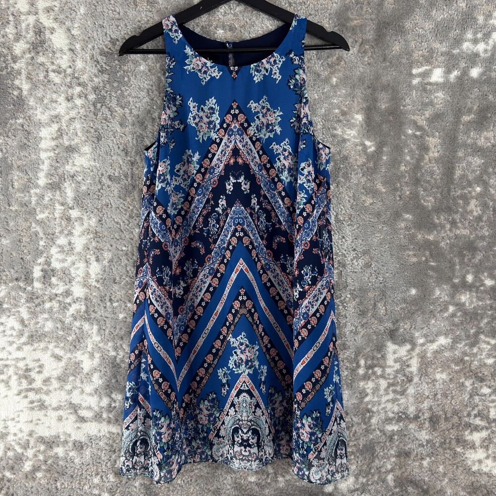 By‎ By Size M Artsy Floral Sleeveless Dress Keyhole Mini A Line Dress Blue Lined